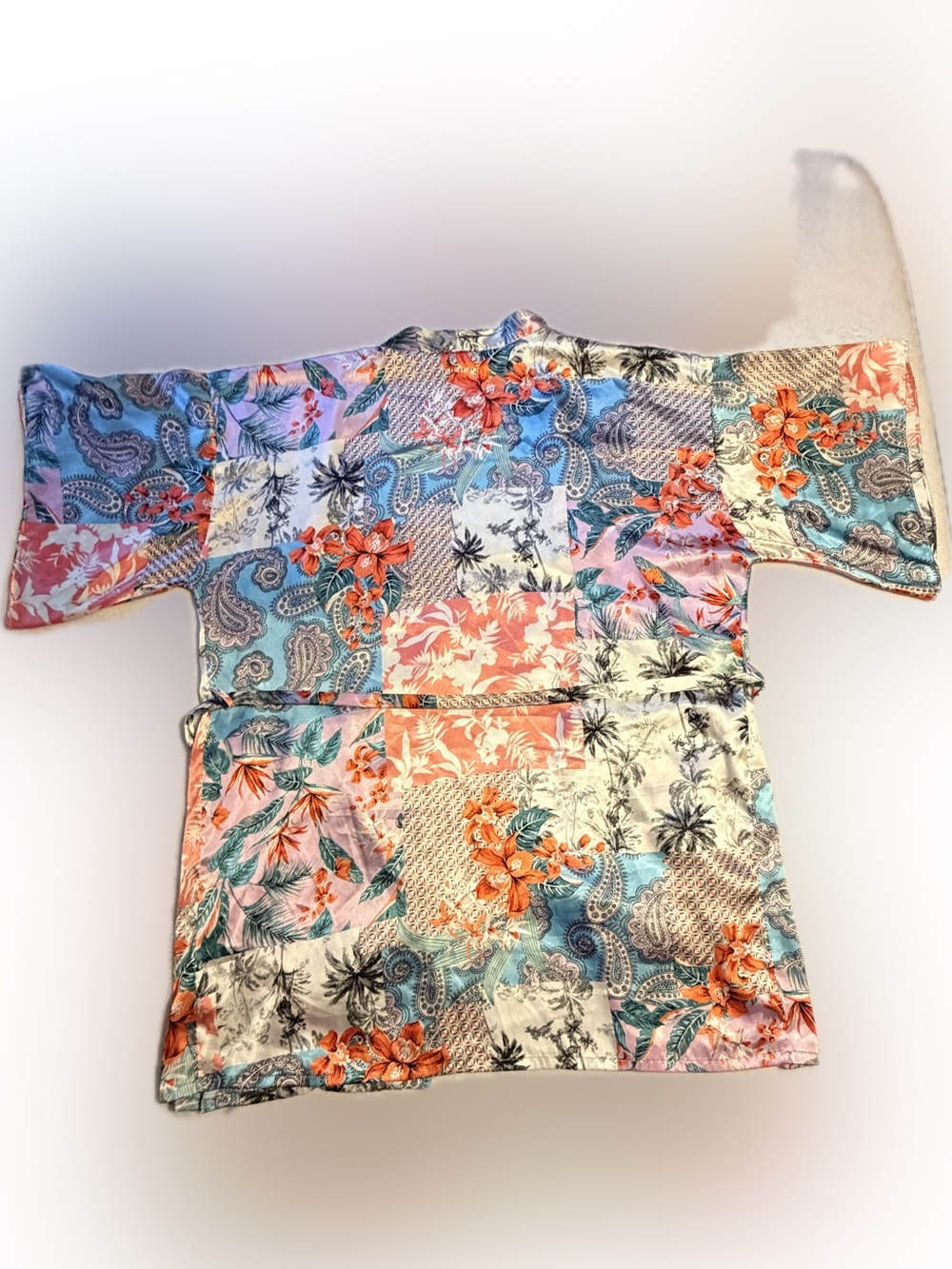XXL Silky Patchwork Lounge Robe - Pink, Blue & Orange Floral Kimono - Picture 4 of 8